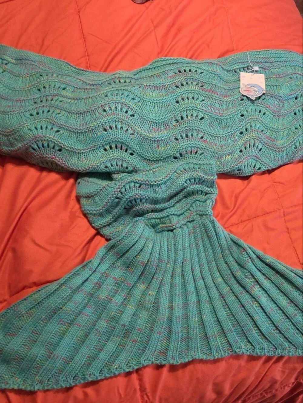 Crocheted Mermaid Tail Blanket - Teal with Multicolor Flecks